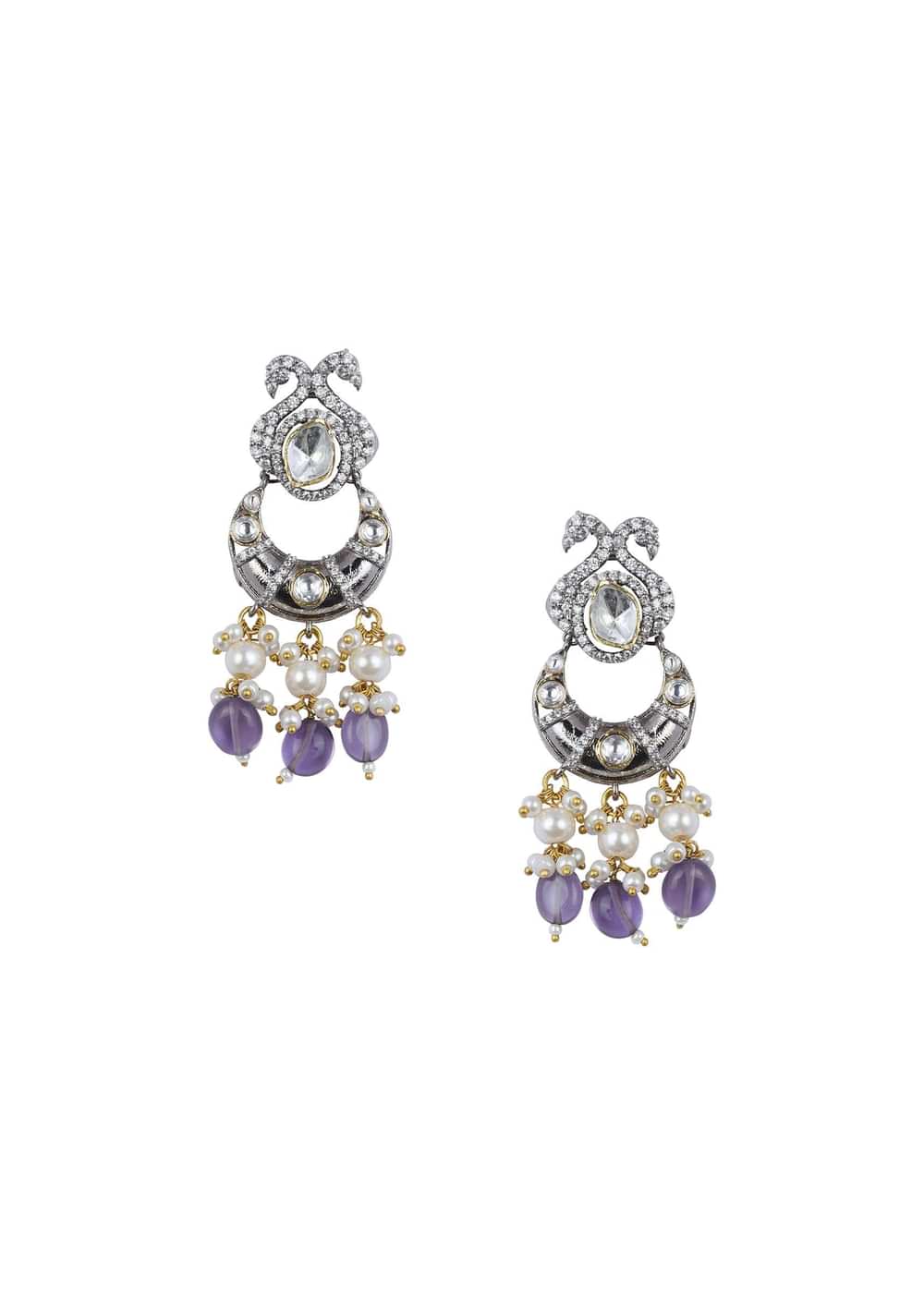 Purple Two Tone Finish Kundan Danglers With Pearl Drops