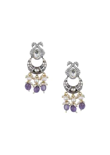 Purple Two Tone Finish Kundan Danglers With Pearl Drops