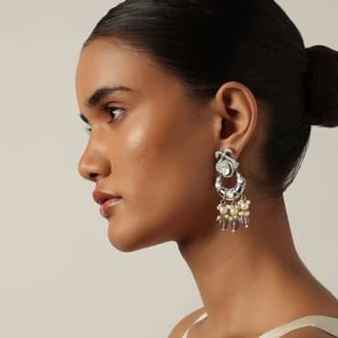 Purple Two Tone Finish Kundan Danglers With Pearl Drops