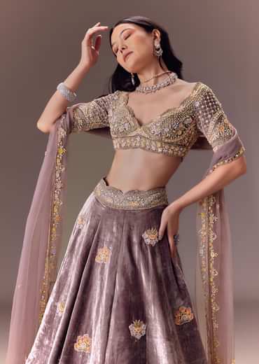 Purple Velvet Lehenga Set With Hand Work Patching