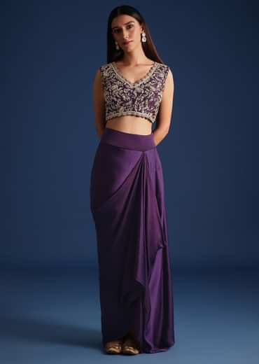Purple Zardozi Work Jacket With Crop Top And Skirt