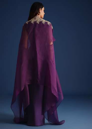 Purple Zardozi Work Jacket With Crop Top And Skirt