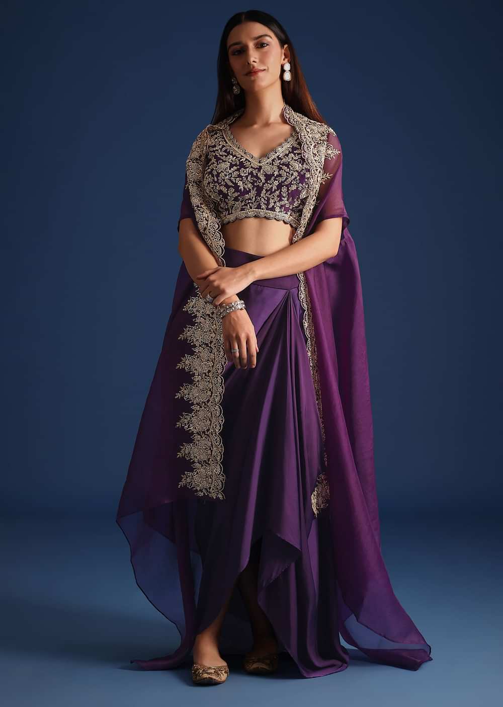 Purple Zardozi Work Jacket With Crop Top And Skirt