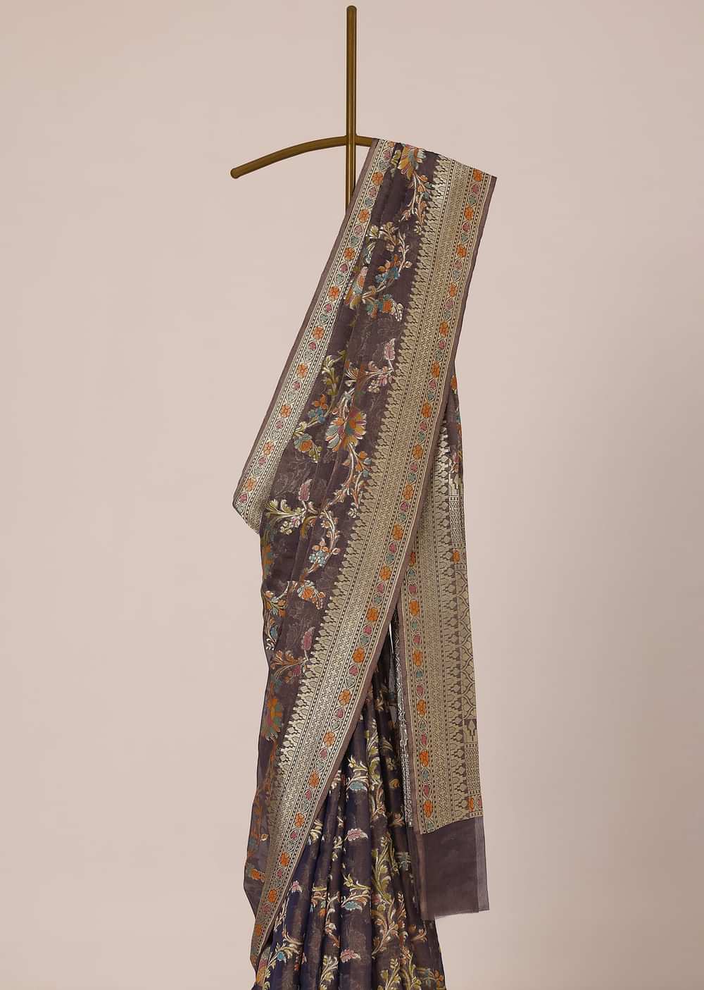 Purple Zari Saree In Crushed Silk Georgette