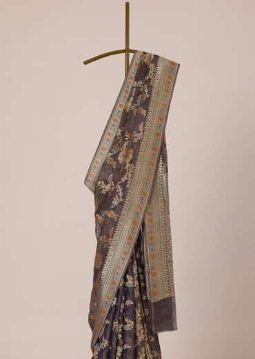 Purple Zari Saree In Crushed Silk Georgette