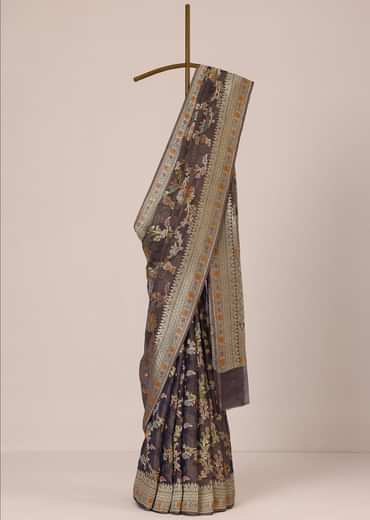Purple Zari Saree In Crushed Silk Georgette