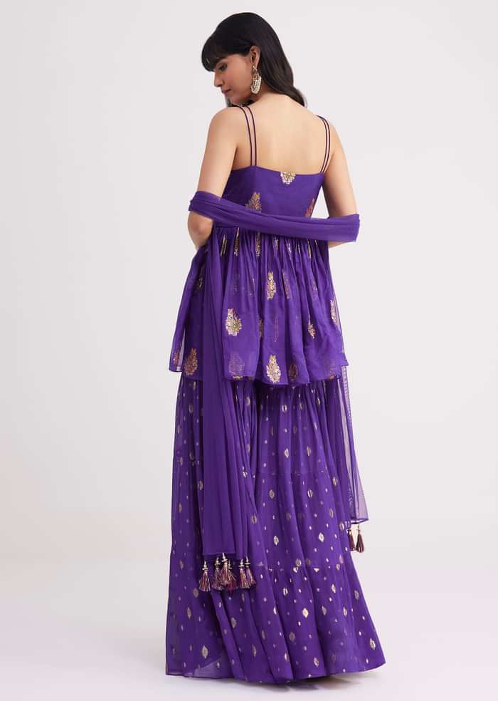 Purple Zari Threadwork Sharara Kurta With Net Dupatta