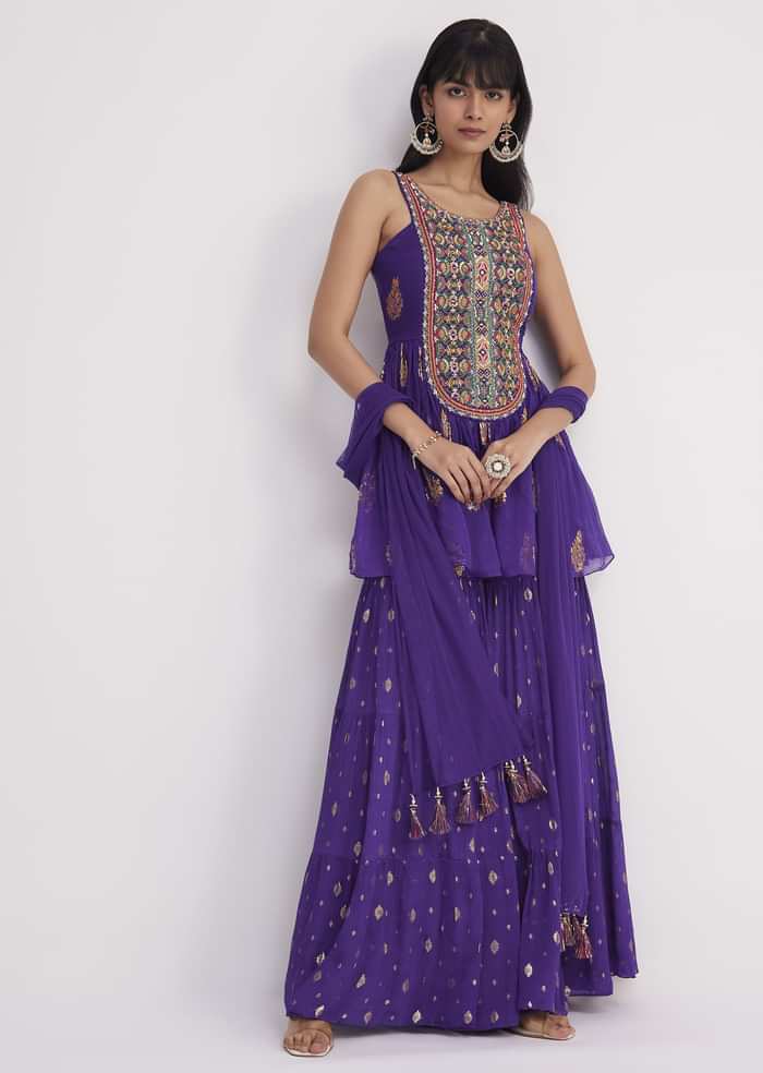Purple Zari Threadwork Sharara Kurta With Net Dupatta