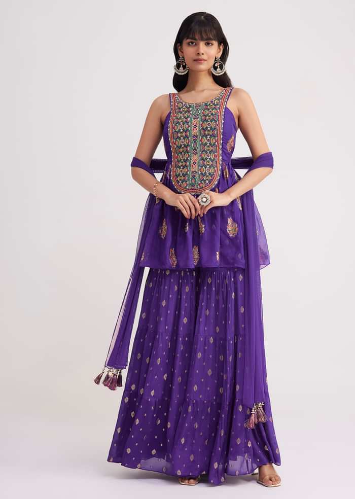 Purple Zari Threadwork Sharara Kurta With Net Dupatta