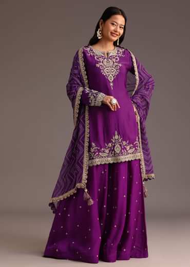 Purple Zari Work Palazzo Suit With Organza Dupatta