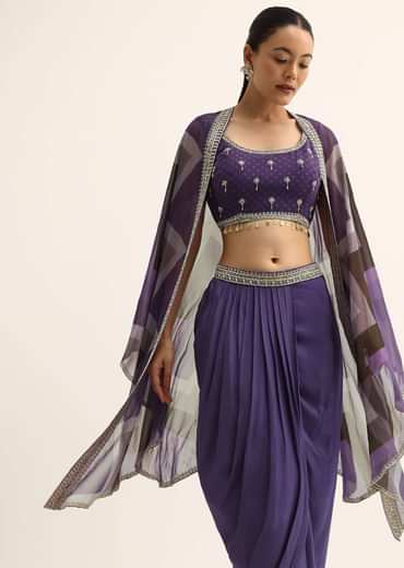 Purple Zig Zag Print Jacket And Skirt Set