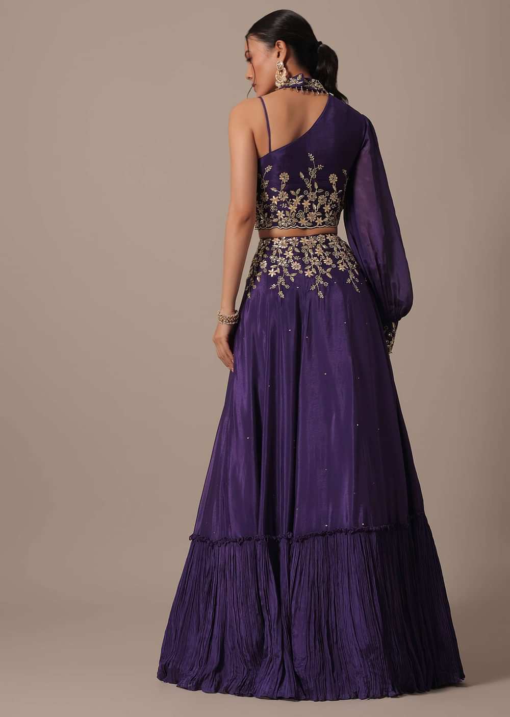 Purple Hand Embroidered Blouse And Lehenga Set