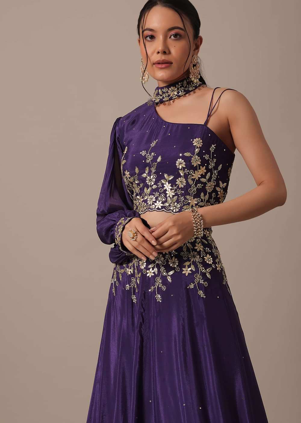Purple Hand Embroidered Blouse And Lehenga Set