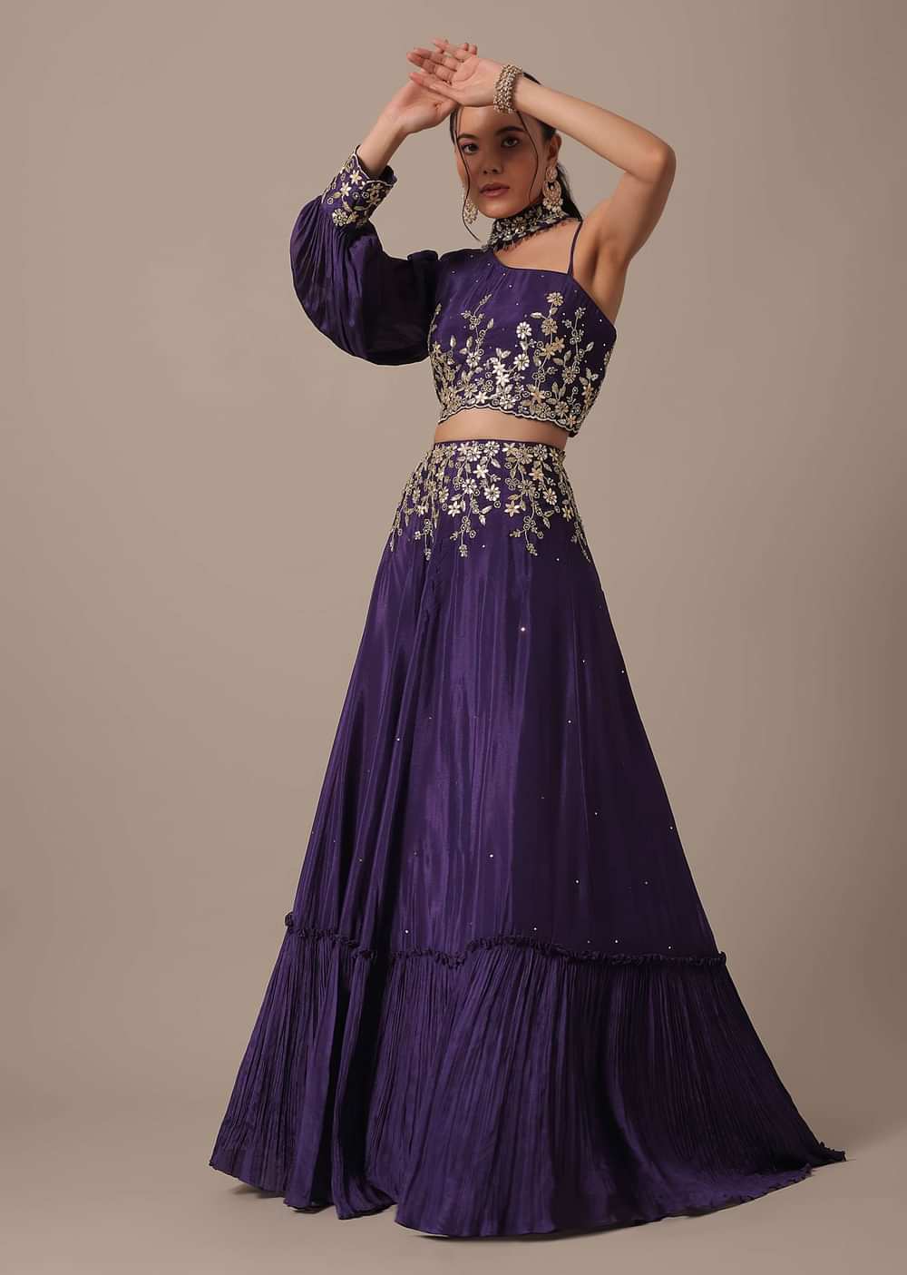 Purple Hand Embroidered Blouse And Lehenga Set