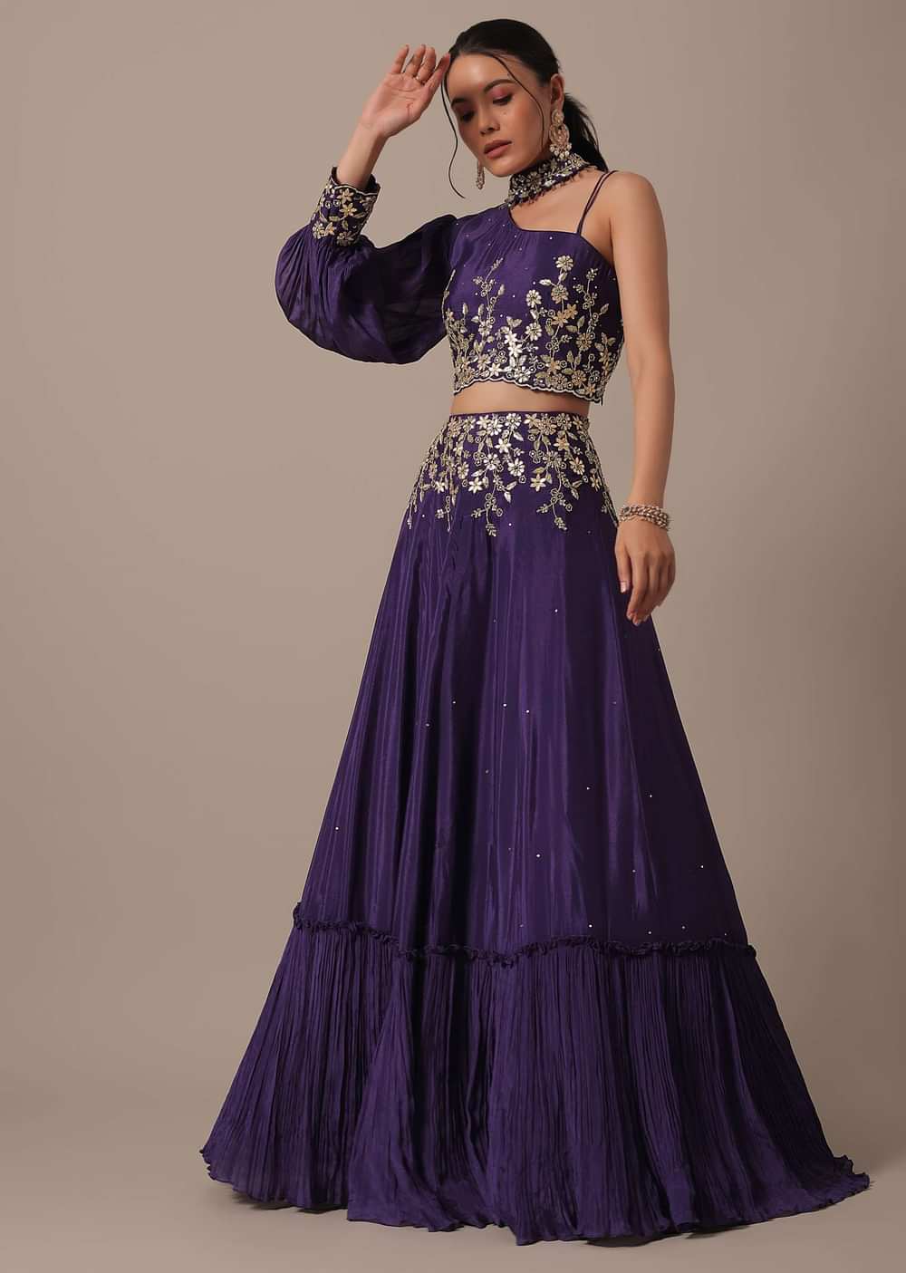 Purple Hand Embroidered Blouse And Lehenga Set
