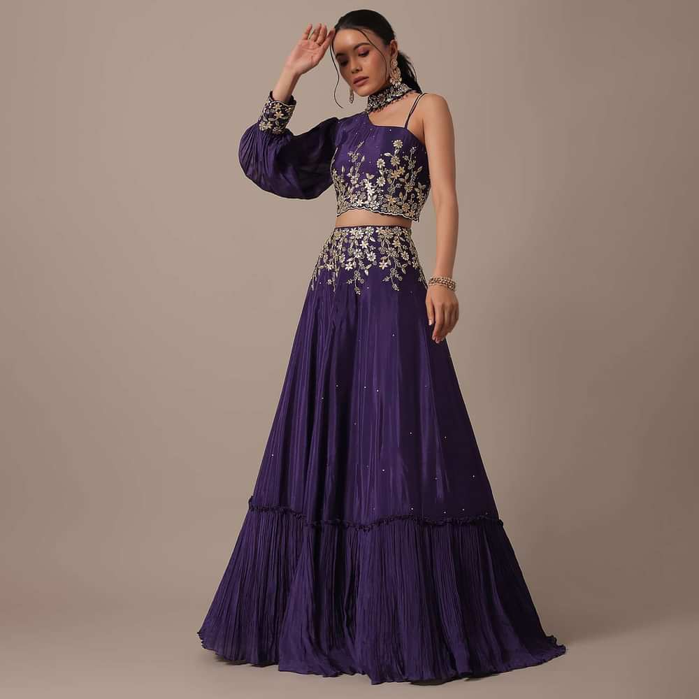 Purple Hand Embroidered Blouse And Lehenga Set