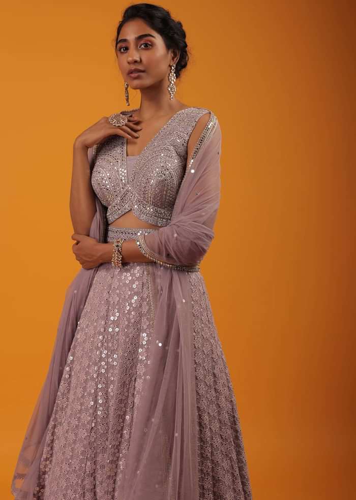 Quail Purple Lehenga With Crop Top Beautified In Lucknowi And Sequins Floral Work