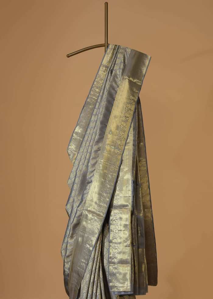 Ash Purple Woven Kanjivaram Saree In Pure Silk With Unstitched Blouse