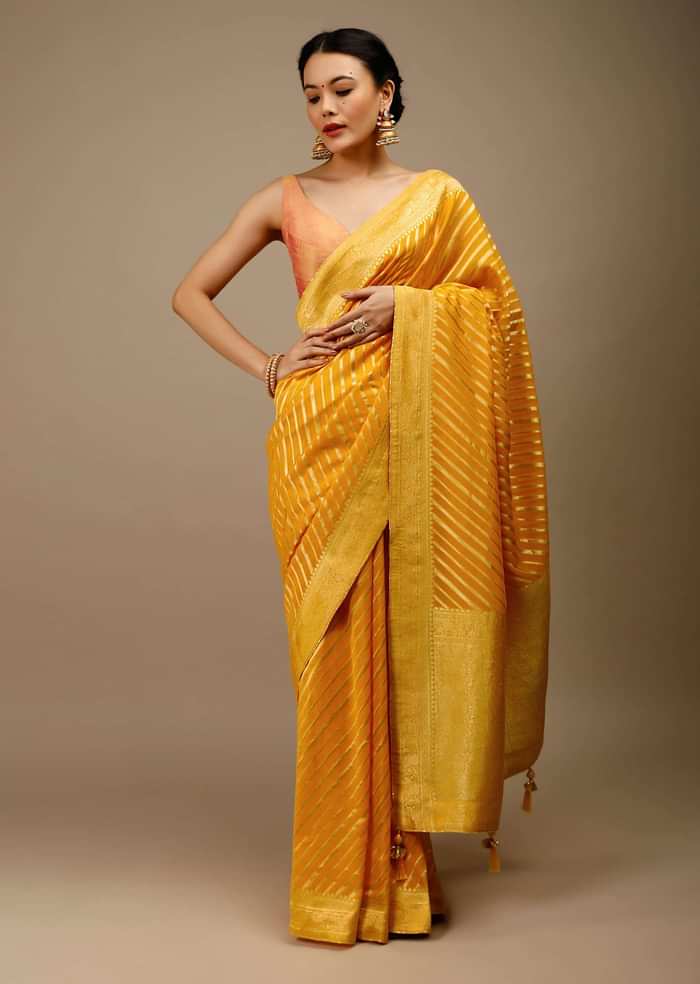 Radiant Yellow Saree In Georgette With Brocade Woven Diagonal Stripes And Floral Border