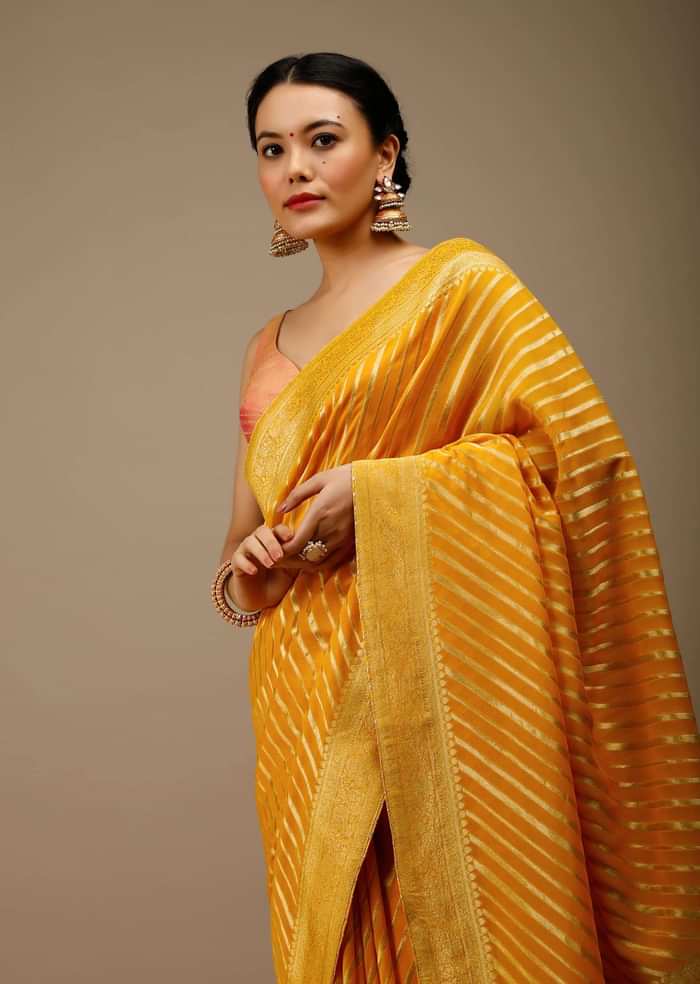 Radiant Yellow Saree In Georgette With Brocade Woven Diagonal Stripes And Floral Border