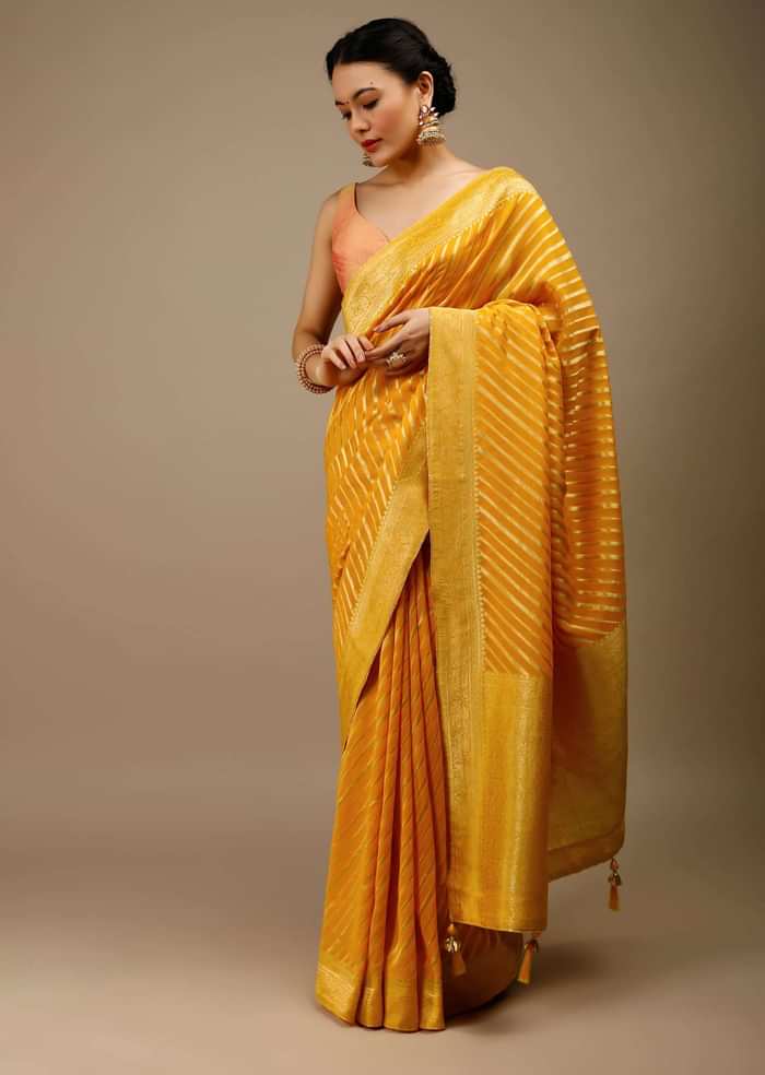 Radiant Yellow Saree In Georgette With Brocade Woven Diagonal Stripes And Floral Border