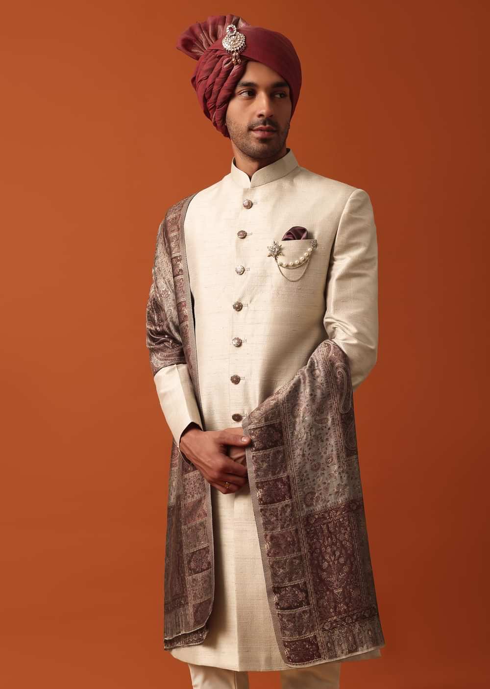 Radiant Gold Silk Sherwani Set With Pure Silk Pashmina Dupatta