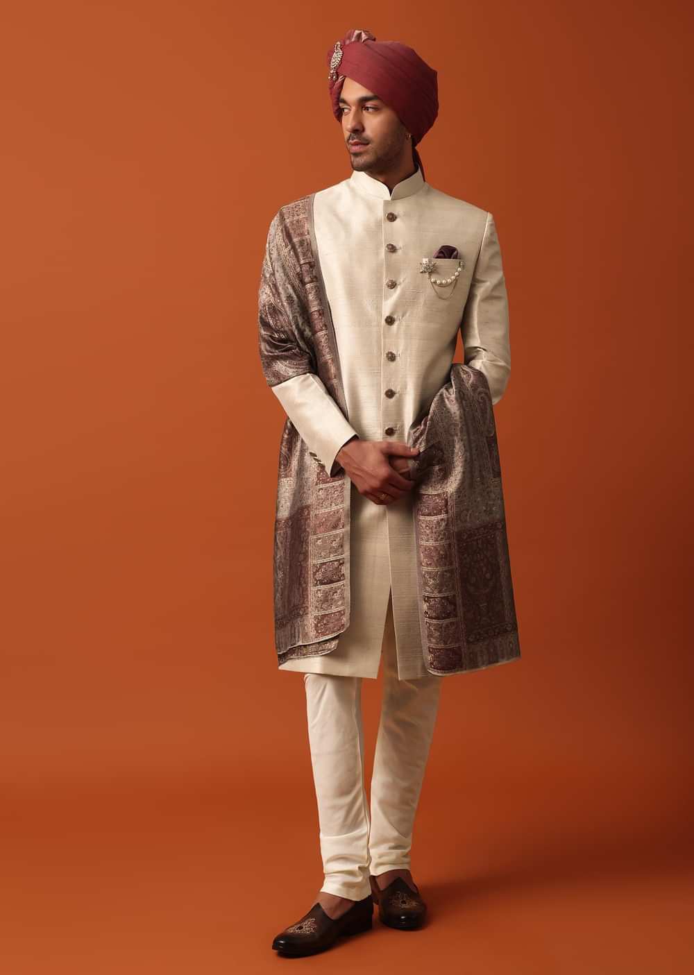 Radiant Gold Silk Sherwani Set With Pure Silk Pashmina Dupatta
