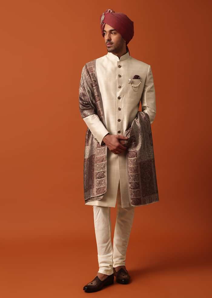Radiant Gold Silk Sherwani Set With Pure Silk Pashmina Dupatta