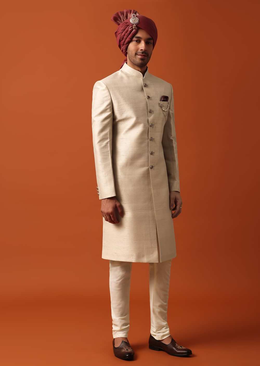 Radiant Gold Silk Sherwani Set With Pure Silk Pashmina Dupatta