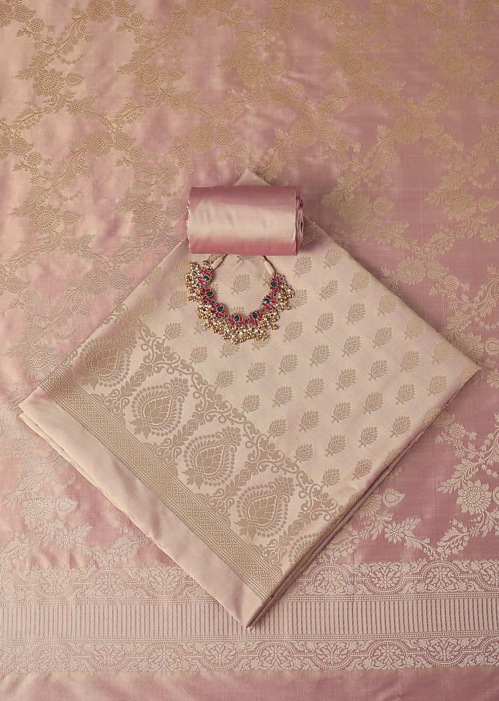 Peach Banarasi Silk Unstitched Dress Material