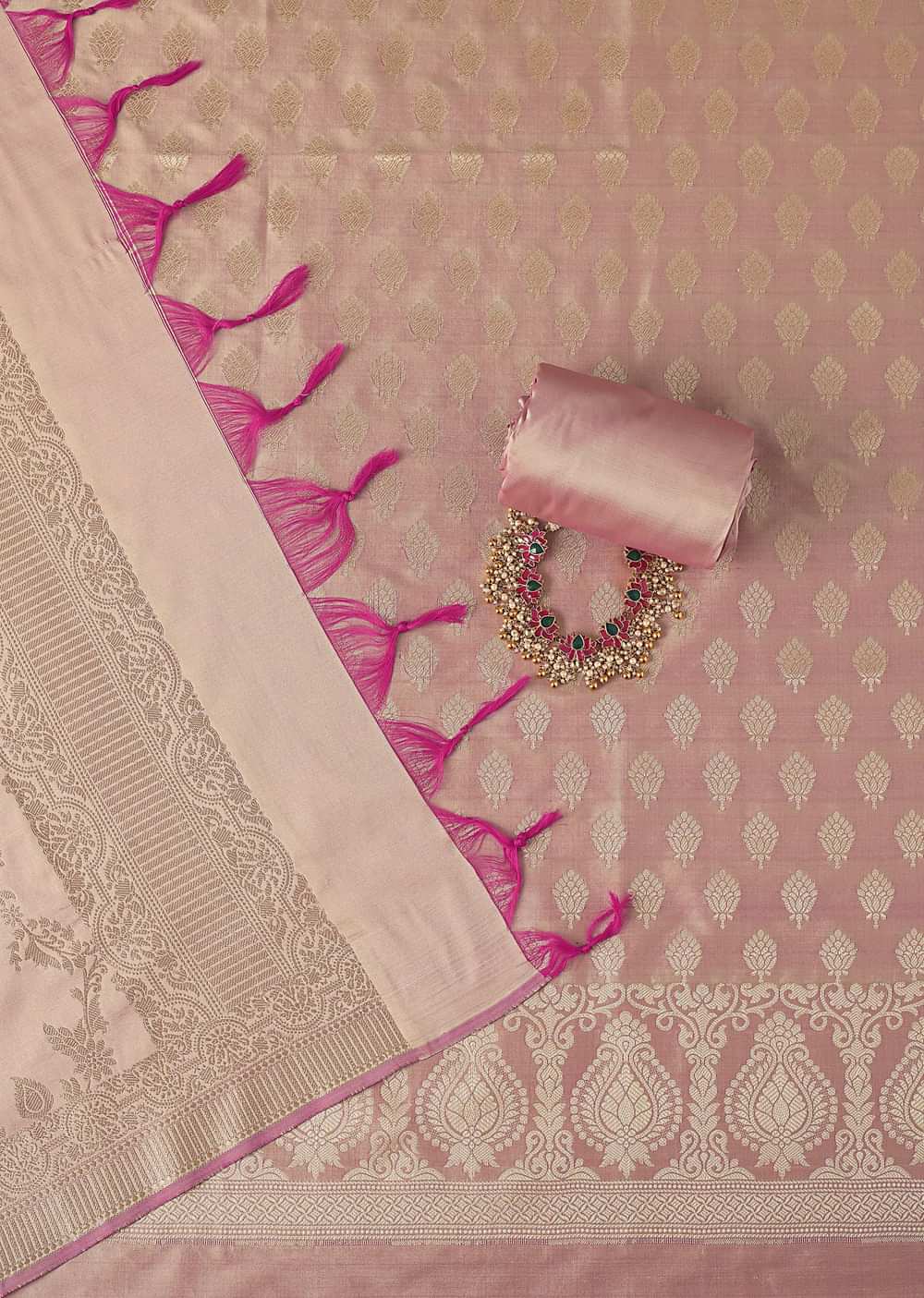 Peach Banarasi Silk Unstitched Dress Material