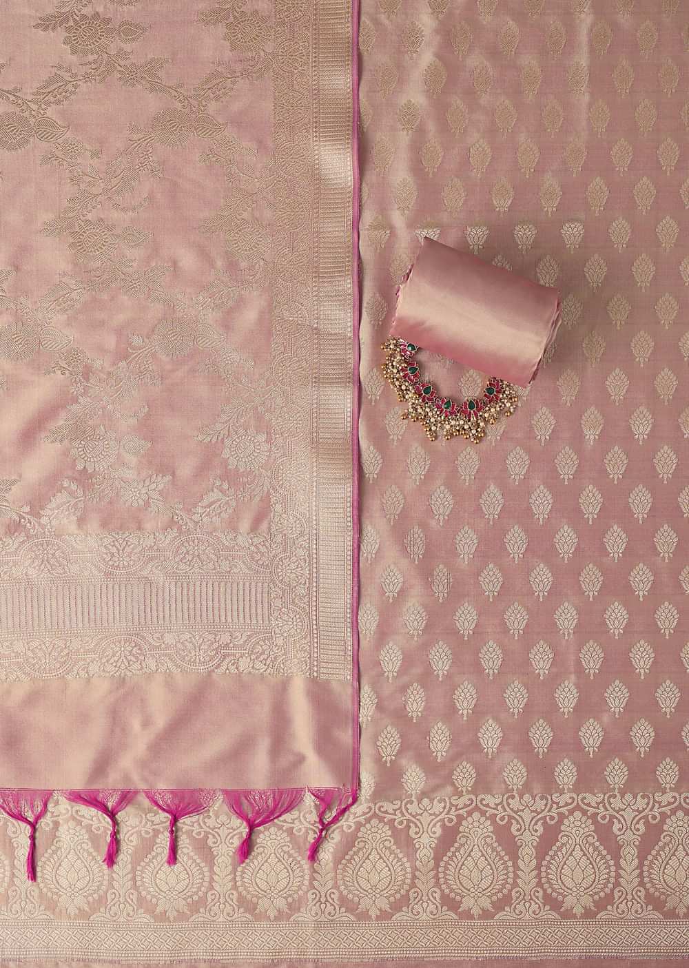 Peach Banarasi Silk Unstitched Dress Material