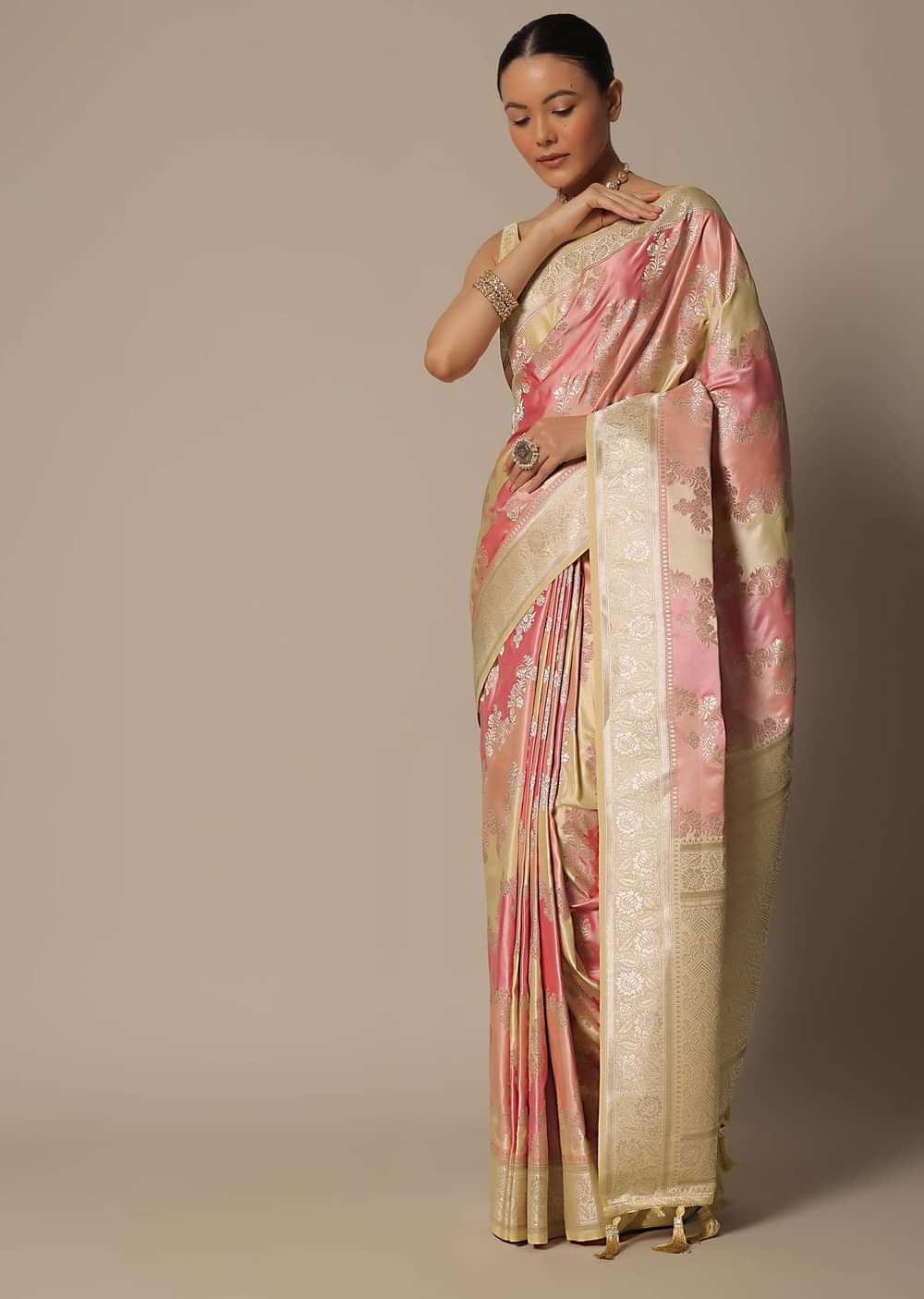 Radiant Peach Silk Saree With Unstitched Blouse Fabric-