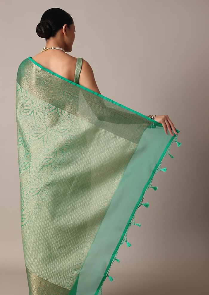 Rama Green Banarasi Tanchui Silk Saree With Tassel Detail And Unstitched Blouse Piece