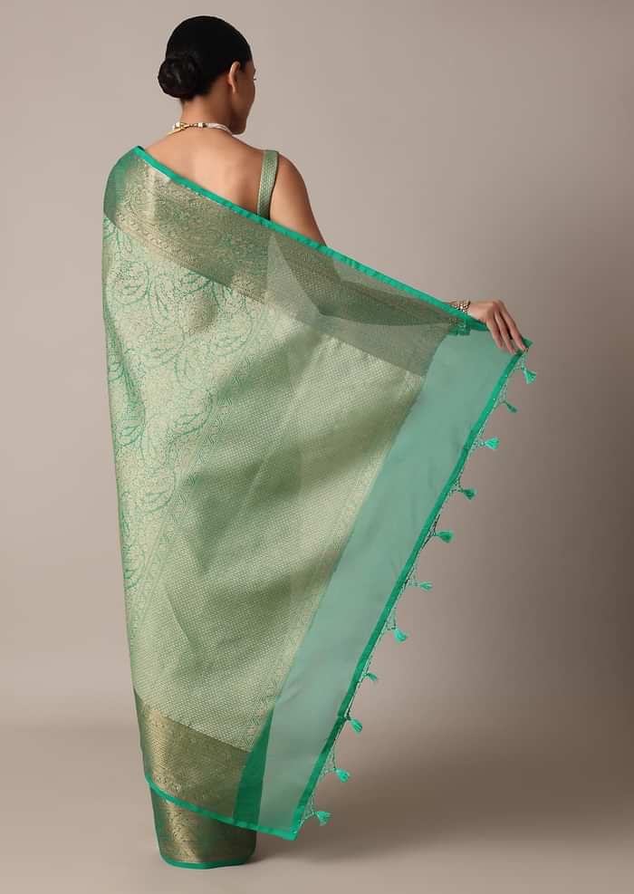 Rama Green Banarasi Tanchui Silk Saree With Tassel Detail And Unstitched Blouse Piece