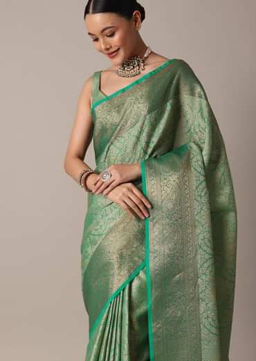 Rama Green Banarasi Tanchui Silk Saree With Tassel Detail And Unstitched Blouse Piece