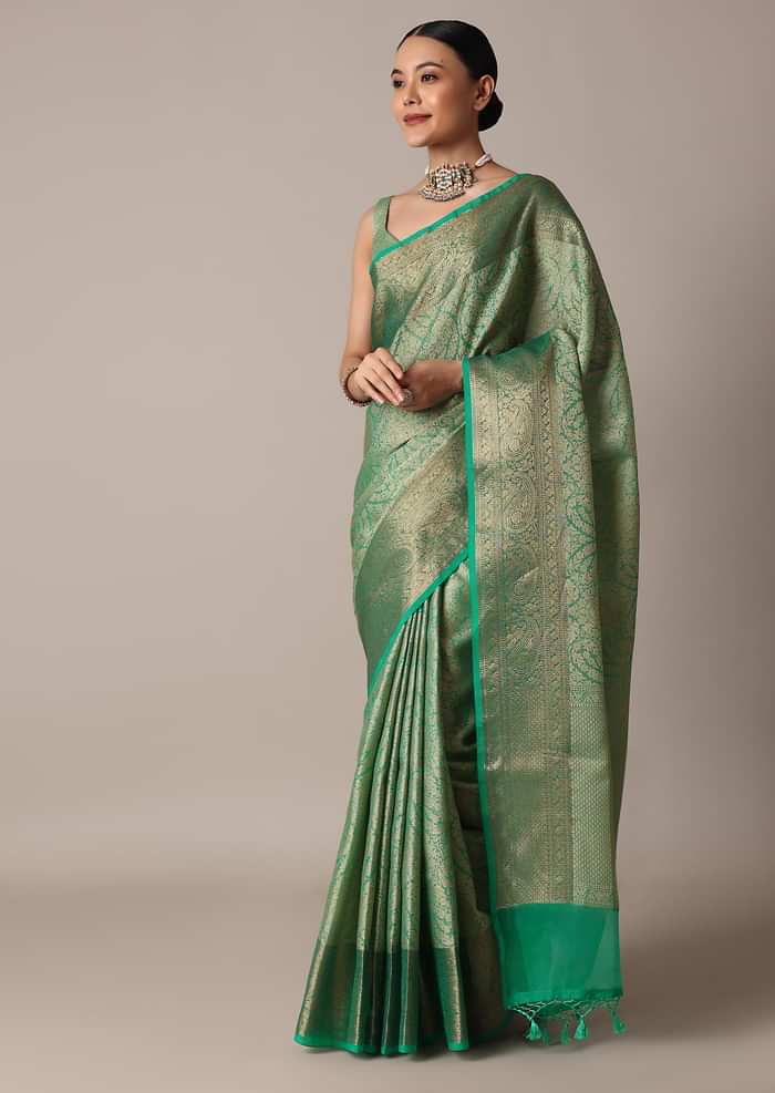 Rama Green Banarasi Tanchui Silk Saree With Tassel Detail And Unstitched Blouse Piece