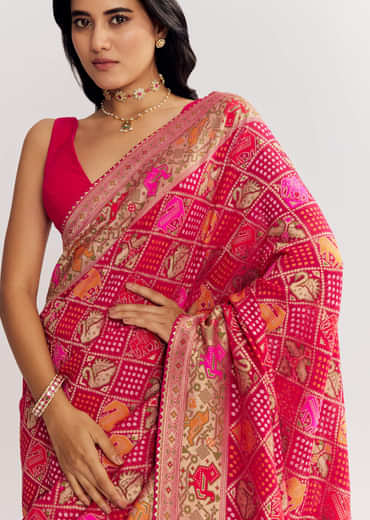 Rani Dola Silk Bandhani Saree With Multicolor Animal Motifs And Gota Border