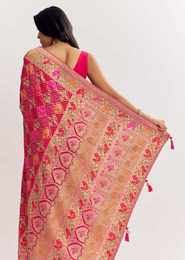 Rani Dola Silk Bandhani Saree With Multicolor Animal Motifs And Gota Border