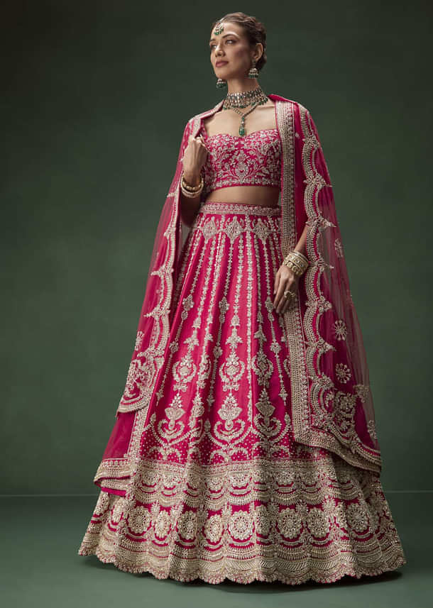 Rani Pink Bridal Lehenga With Embroidered Blouse And Heavily Worked Dupattas