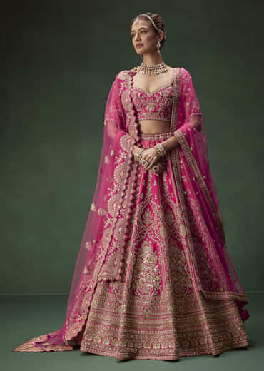 Rani Pink Bridal Lehenga With Gold Zari And Rich Embroidery