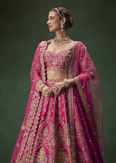 Rani Pink Bridal Lehenga With Gold Zari And Rich Embroidery