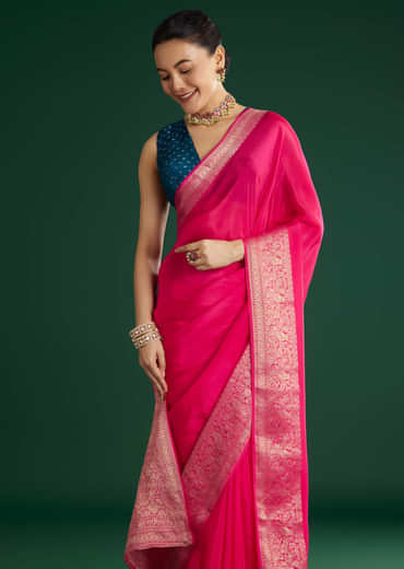 Rani Pink Dola Silk Saree With Woven Border And Pallu