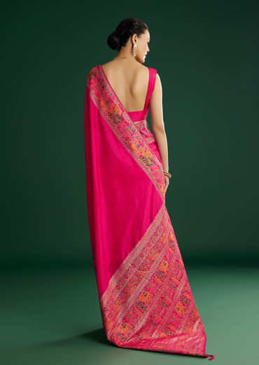Rani Pink Dola Silk Woven Saree With Floral And Animal Prints
