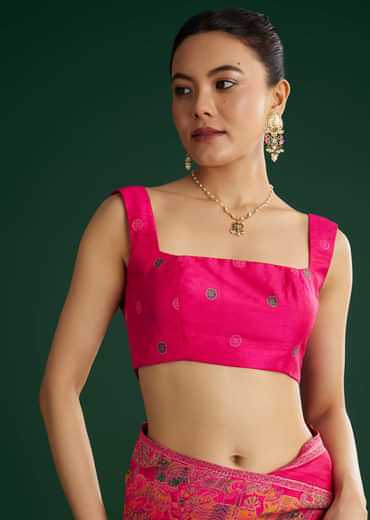 Rani Pink Dola Silk Woven Saree With Floral And Animal Prints