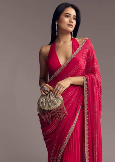Rani Pink Embroidered Chinon Saree With Cut Dana
