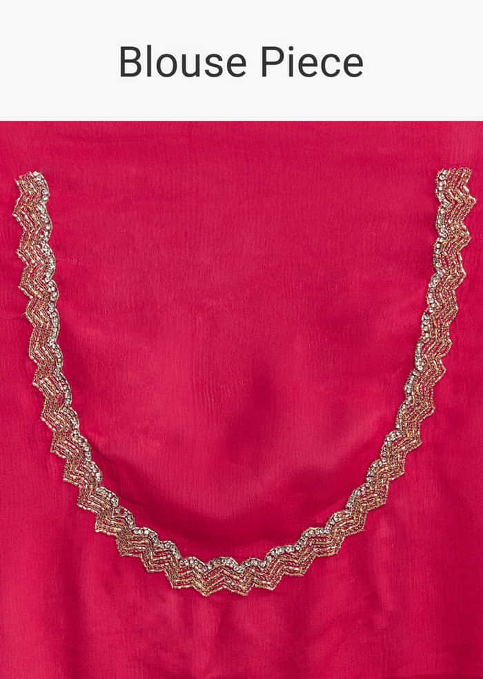 Rani Pink Embroidered Chinon Saree With Cut Dana