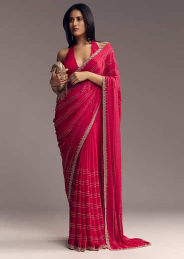 Rani Pink Embroidered Chinon Saree With Cut Dana