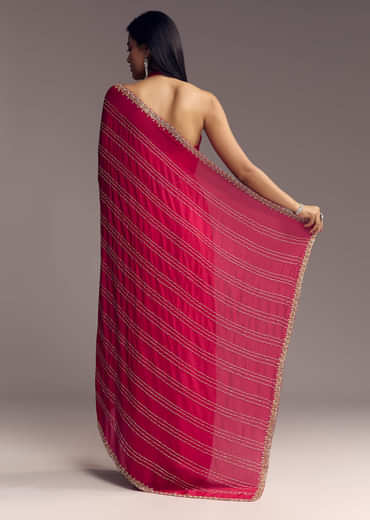 Rani Pink Embroidered Chinon Saree With Cut Dana