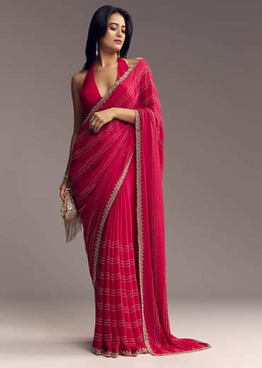 Rani Pink Embroidered Chinon Saree With Cut Dana